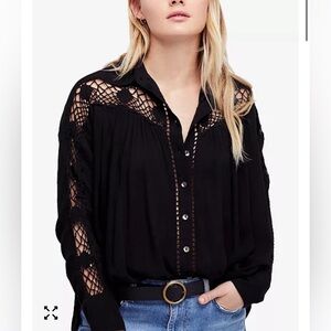 Free People Katie Bird Lace Inset Oversized Tunic Shirt Size Large